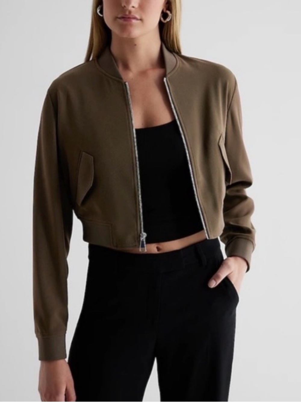 Express Cropped Bomber Jacket in Olive (S) - Picture 2 of 8
